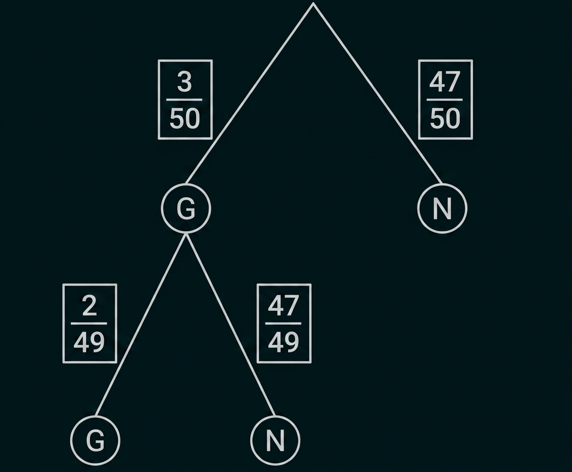 Bruchdiagramm mit den Werten 3/50, 47/50, 2/49 und 47/49 sowie den Knoten G und N.
